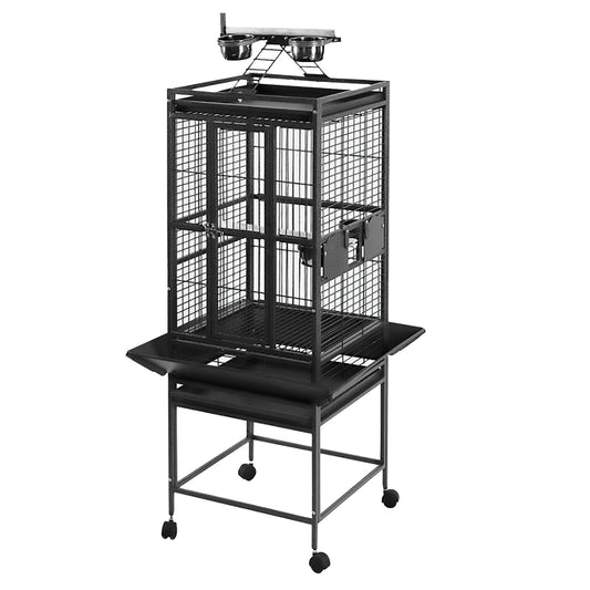 Cage à toit avec aire de jeu pour perroquets, noir et gris argenté antique