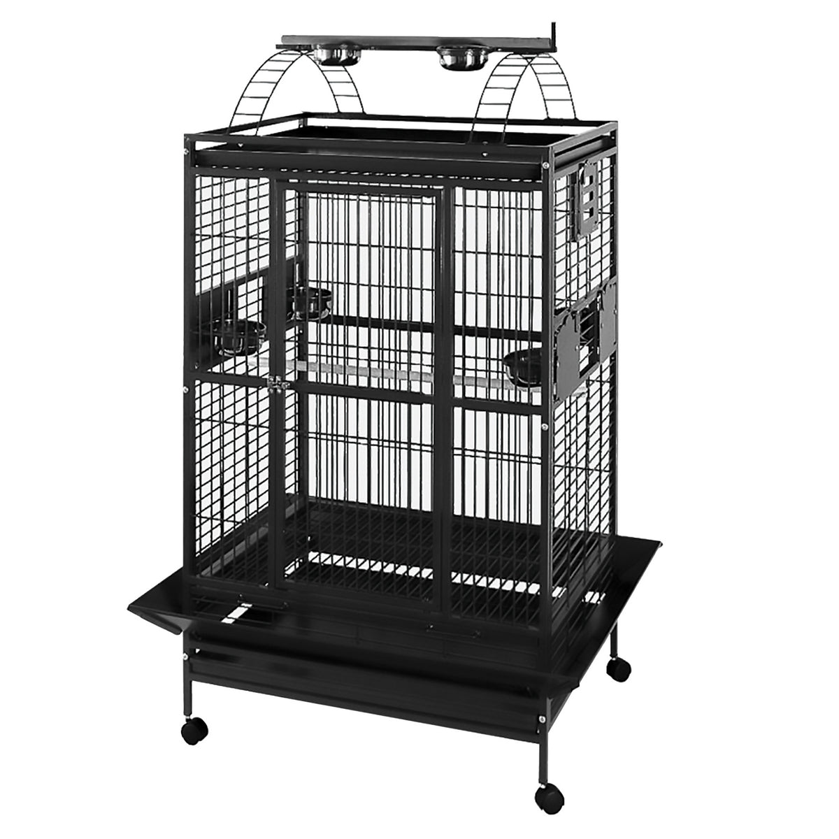Cage à toit avec aire de jeu pour perroquets, noir et gris argenté antique