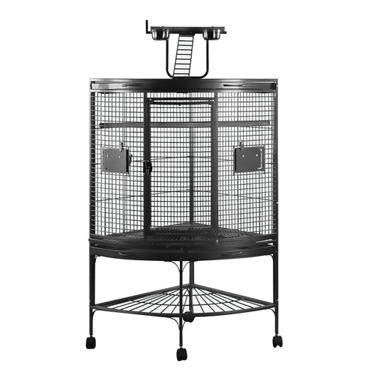 Cage de coin à toit avec aire de jeu pour perroquets, noir et gris argenté antique, 94 x 66 x 159 cm