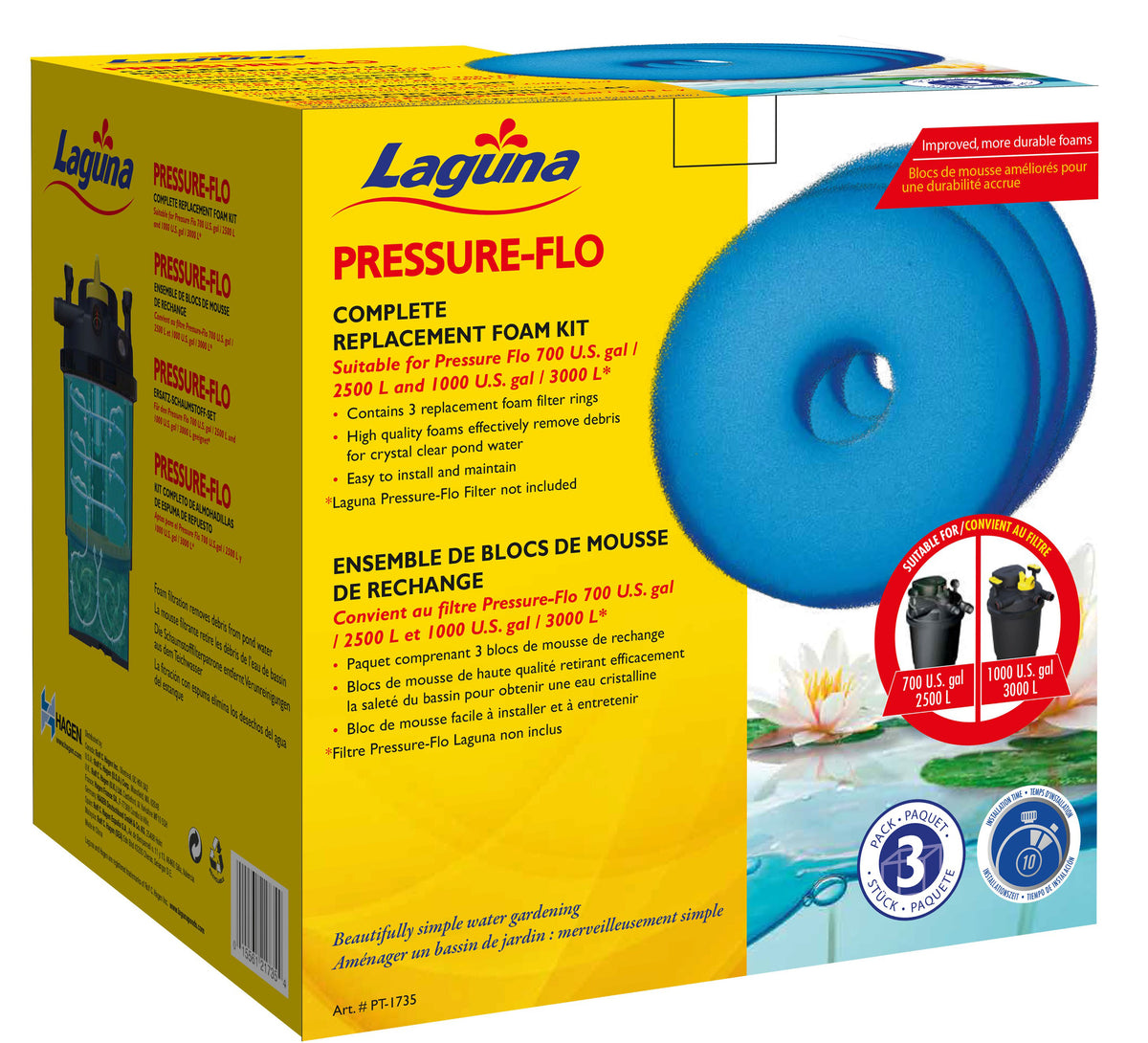 Blocs de mousse de rechange pour filtres pressurisés Pressure-Flo PT1715 et PT1725, 19 cm (paquet de 3)