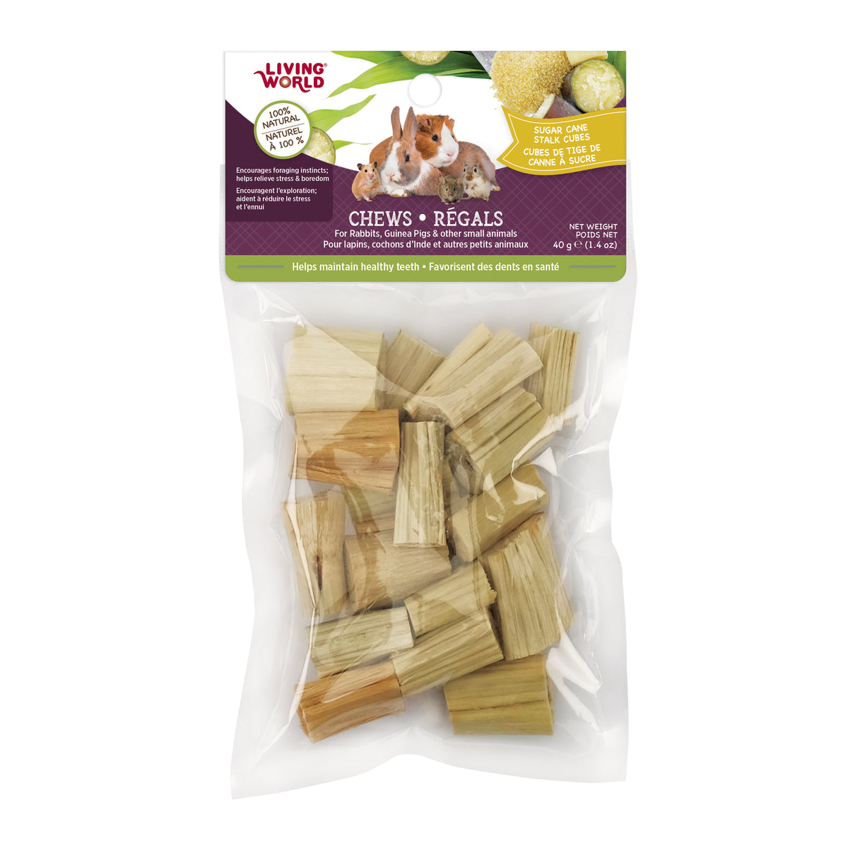Régals à mâcher pour petits animaux, cubes de tige de canne à sucre 40 g