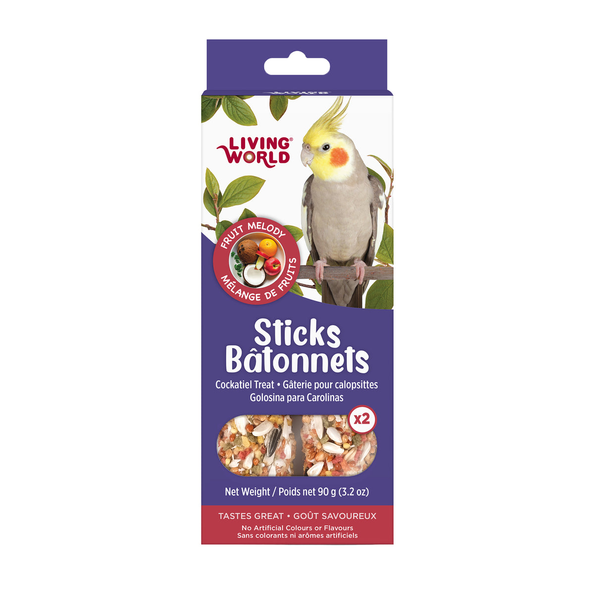 Bâtonnets de gâterie aux fruits pour perruche calopsitte 90 g (paquet de 2)