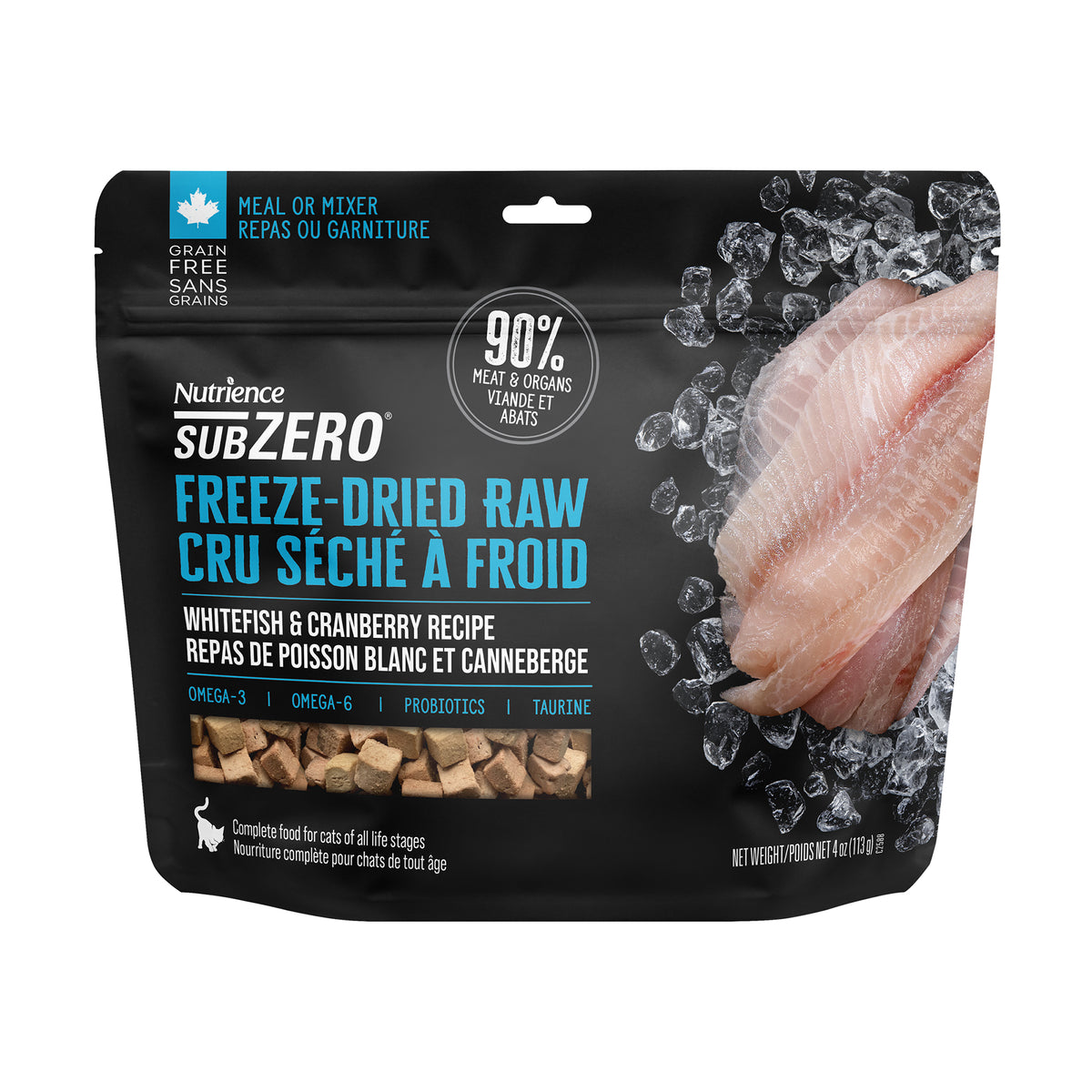 Nourriture crue lyophilisée pour chats SubZero, poisson blanc et canneberge