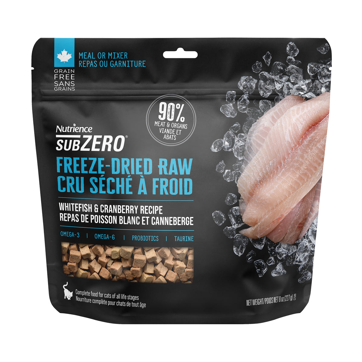 Nourriture crue lyophilisée pour chats SubZero, poisson blanc et canneberge