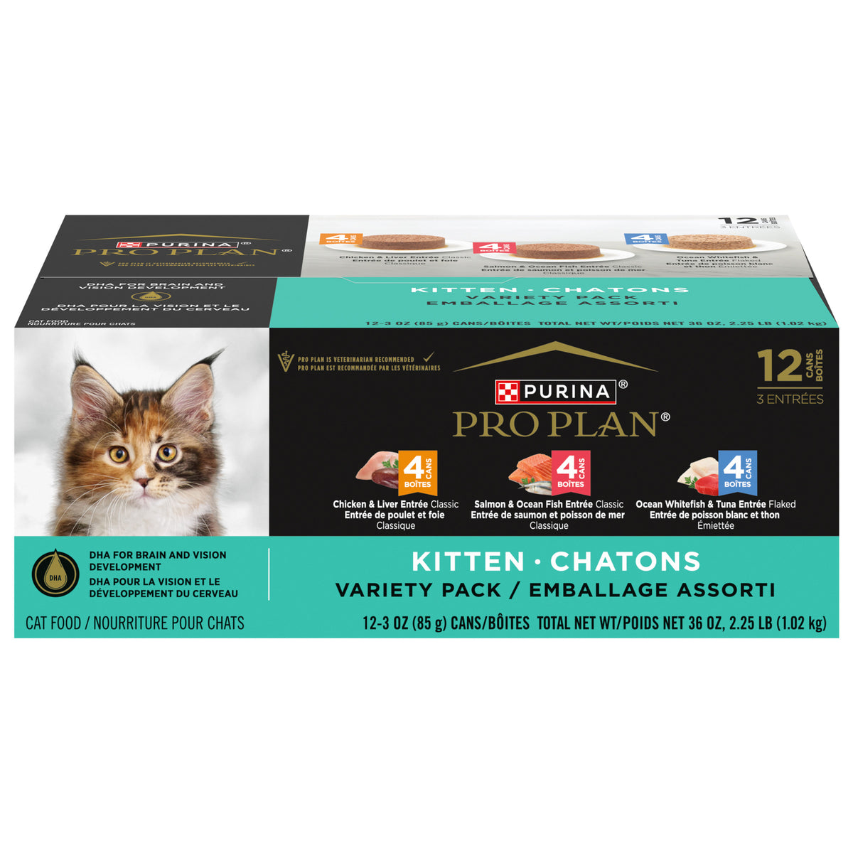Pack variété nourriture humide pour chaton, 3 saveurs 85 g (paquet de 24)
