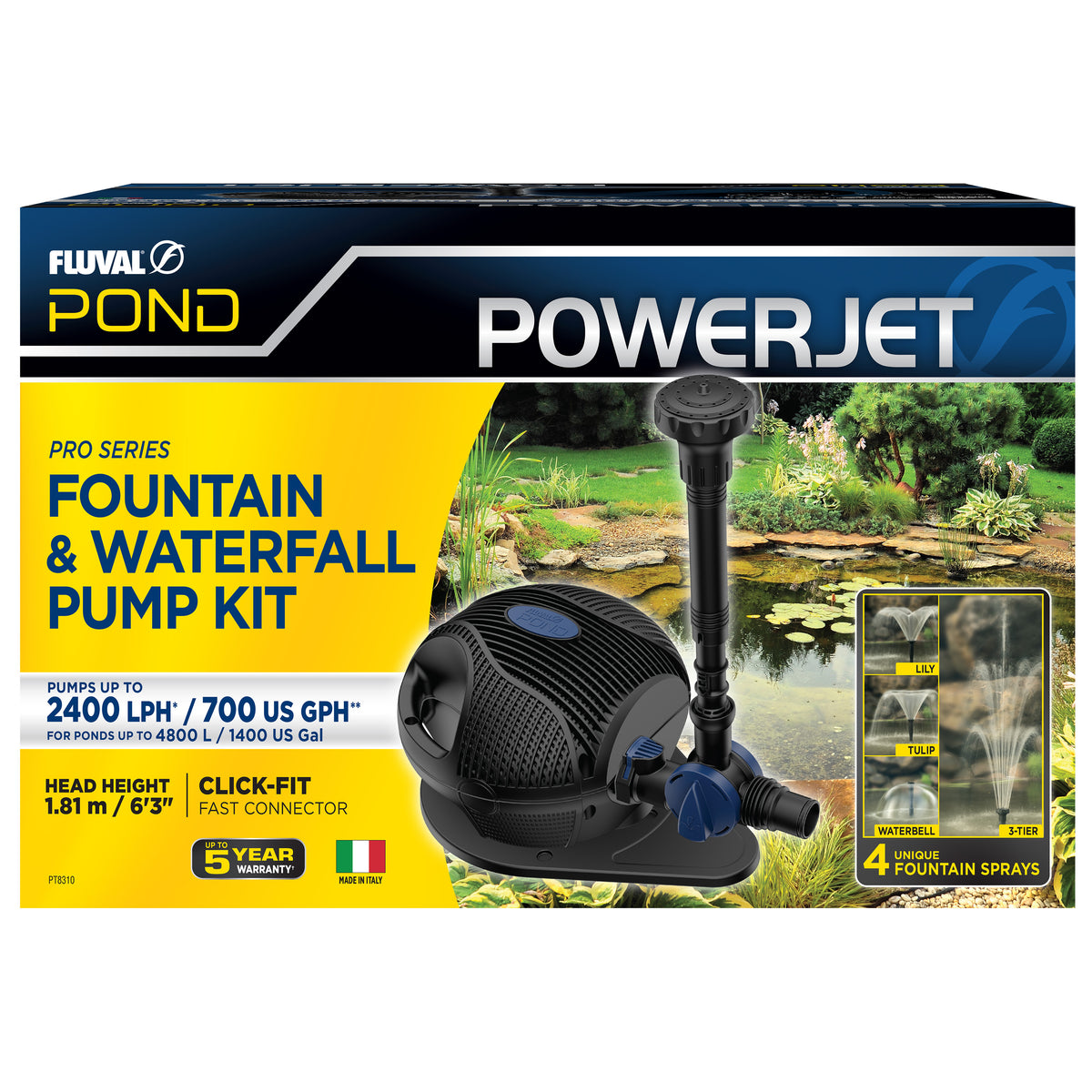 Pompe équipée PowerJet pour fontaine et cascade de bassin