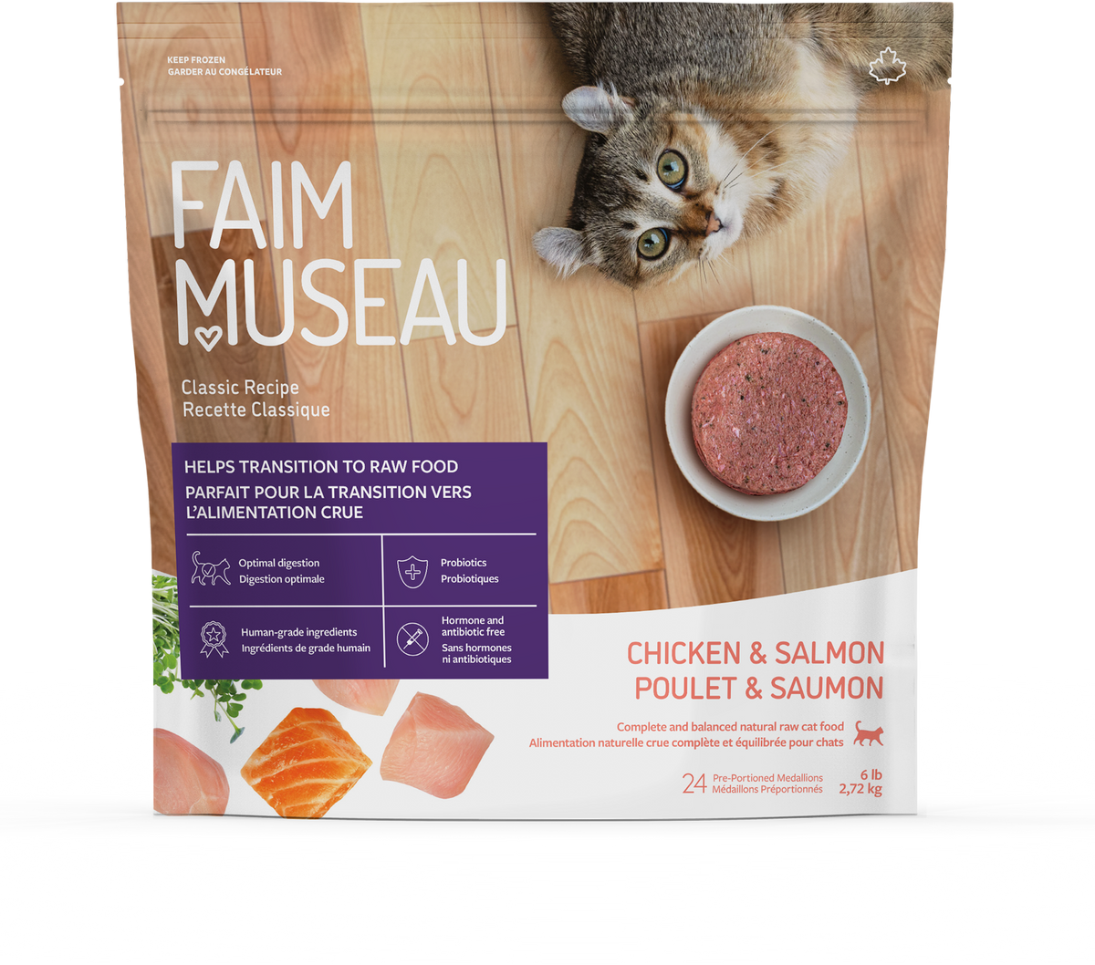 Nourriture crue au poulet et saumon pour chat - Faim Museau