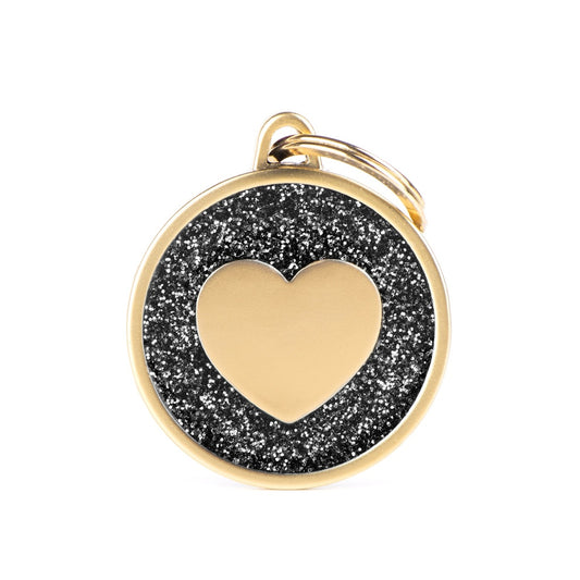 Médaille cercle coeur pailleté or satiné noire